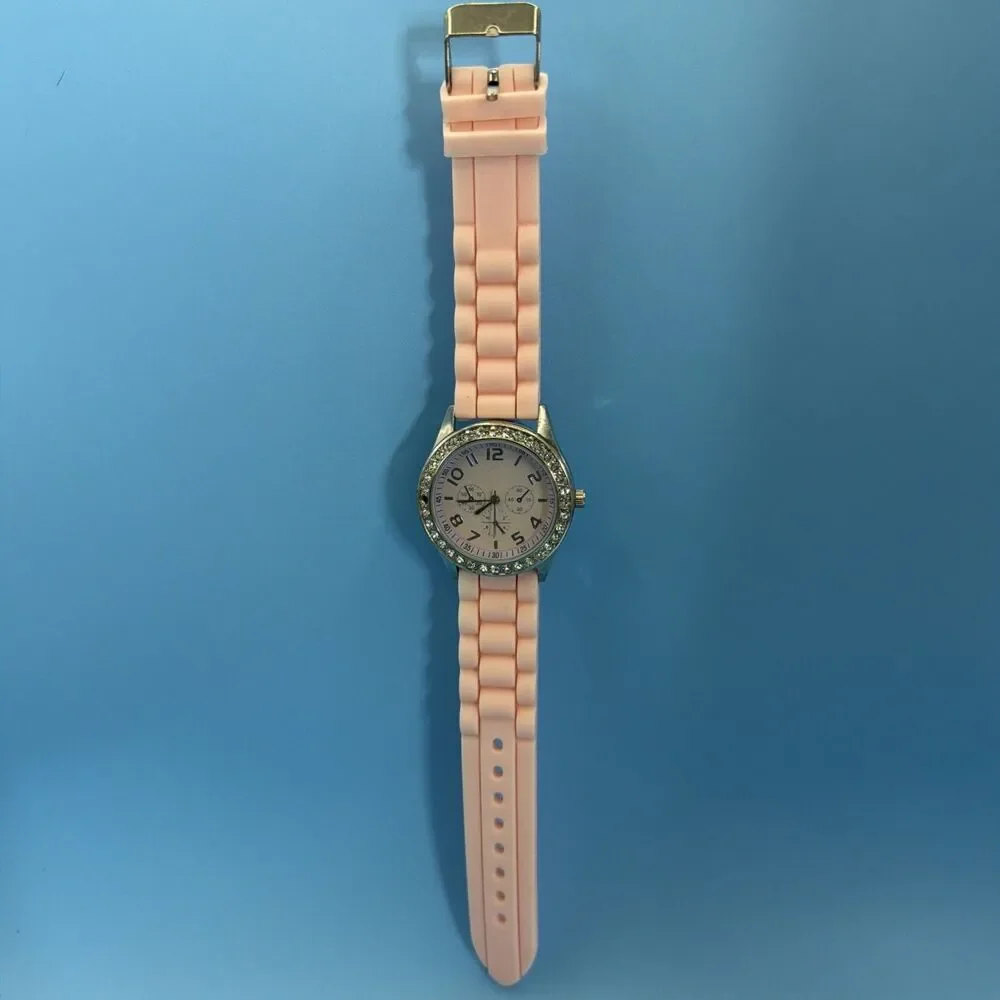 Darice Women's Quartz Watch Silver Tone Cryal Bezel Pink Silicone Band